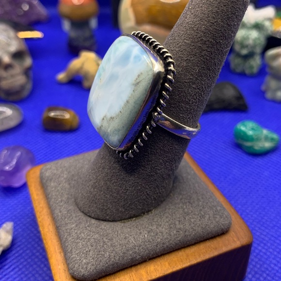 Comfort Curl ADJUSTABLE Big Square Larimar Ring! .925 Sterling Silver Overlay! - Picture 3 of 15